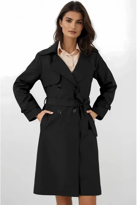 Trench-coat croisé noir doublé pour femme, avec ceinture, HZL25W-BD159181