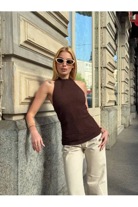 Kadın Kahverengi Boyundan Bağlamalı Gofre Kumaş Bluz HZL25S-ZK13631