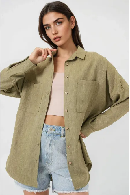 Kadın Çağla Yeşil Oversize Çift Cepli Keten Gömlek HZL22S-BD1201261