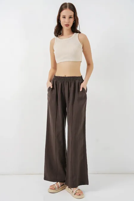 Women's Wide Leg Trousers with Elastic Waistband 30087 - Dark Brown