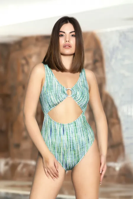 Maillot de bain femme minimisant doublé et à bretelles de poitrine avec anneau vert HZL24S-AR1836