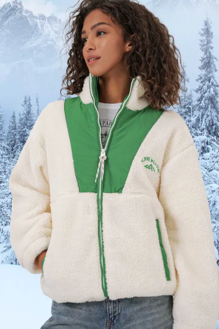 Veste zippée en fausse peau de mouton imprimée vert écru pour femme, doublée de peluche HZL25W-BD151941