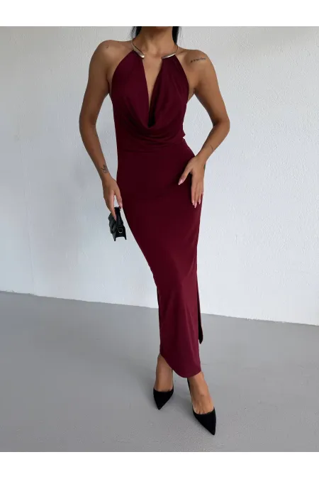 Women's Burgundy Sandy Midi Dress with Neck Accessory and Side Slit HZL26S-FRY123841