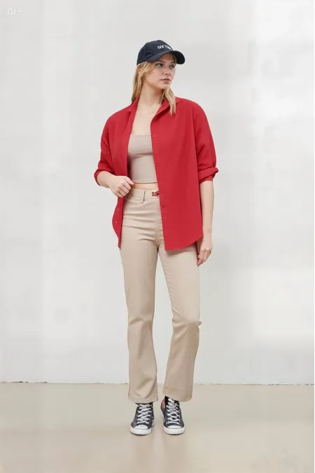 Kadın NAR Çiçeği Oversize Uzun Basic Gömlek HZL22W-BD139001