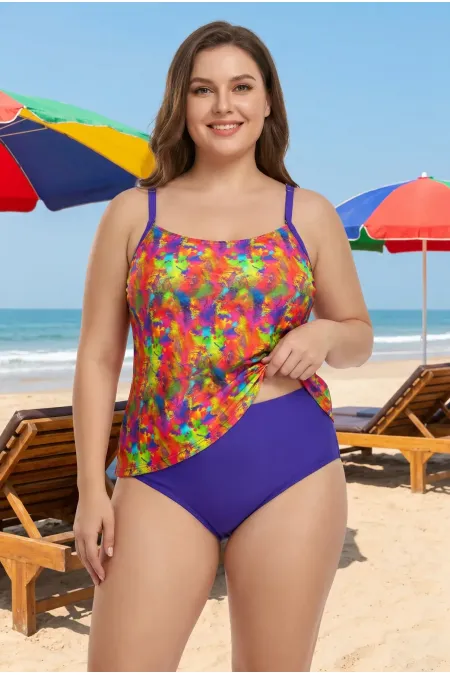 Kadın Mor Sulu Boya Desenli Yüksek Bel Toparlayıcı Altlı Büyük Beden Slipli Tankini HZL26S-LC2031