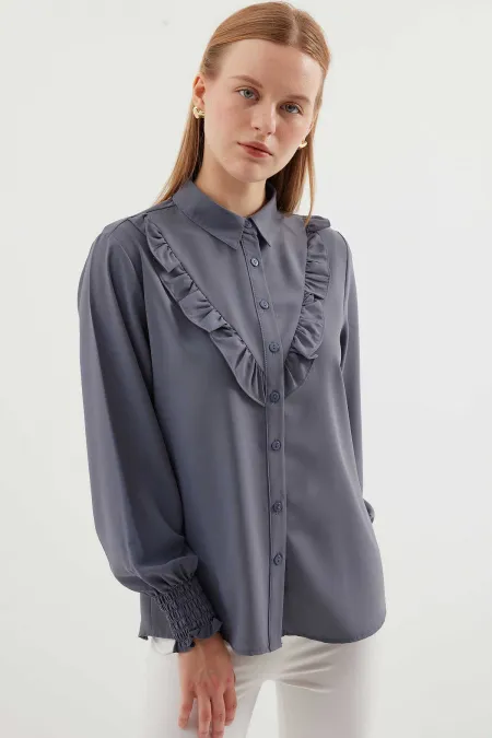 Chemise élégante grise à manches longues pour femme avec détail à volants HZL25W-BD1202231