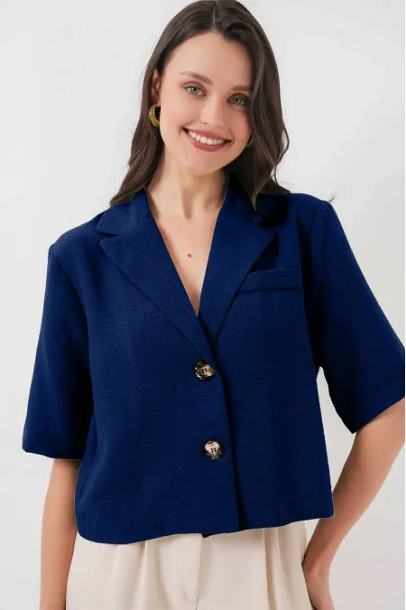 Veste Ayrobin en lin bleu marine à manches courtes et col châle pour femme, boutonnée, HZL24S-BD107061