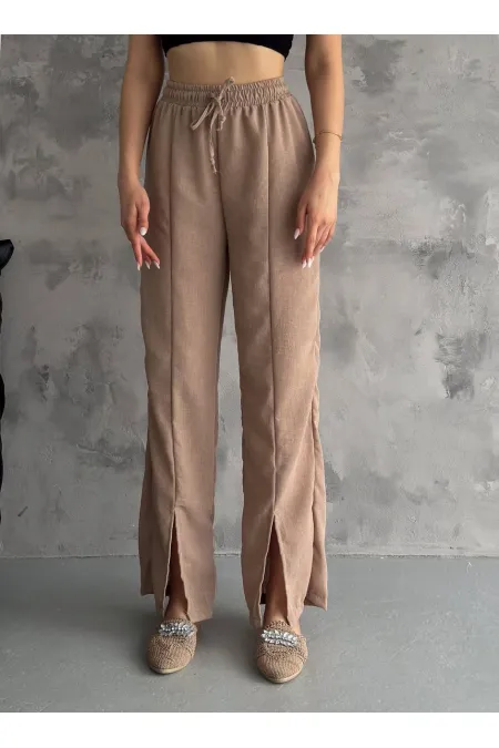 Kadın Bisküvi Lastikli Bel Yırtmaç Detaylı Cepsiz İthal Keten Astarsız Pantolon HZL24S-FRY121941