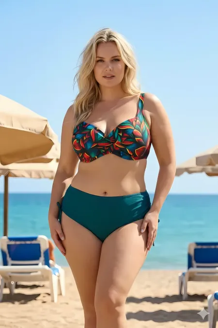 Ensemble bikini grande taille à armatures, motif rouge et vert pétrole, pour femme HZL26S-LC2519