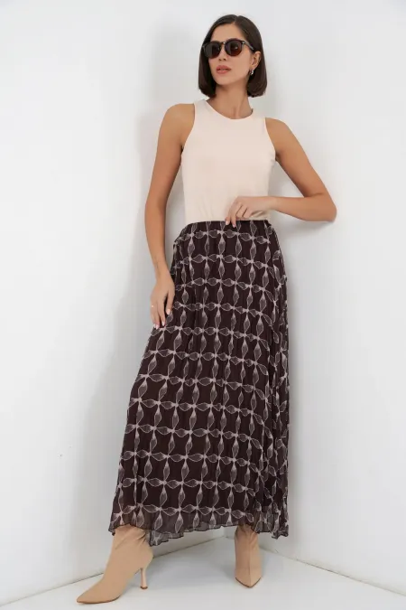 Jupe en mousseline doublée à motifs pour femme 8058 - Marron