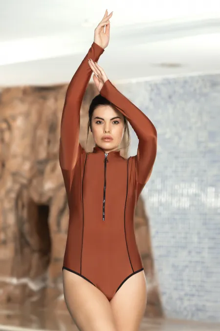 Maillot de bain une pièce zippé à manches longues pour femme, avec coussinet cousu en lycra, HZL24S-AR1855