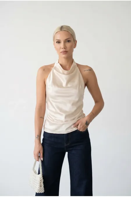 Kadın Krem Halter Yaka Saten Kumaş Sırt Dekolteli Bluz HZL26W-FRY123801