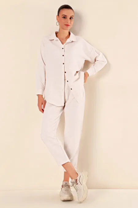 Kadın Krem Keten Gömlek Pantolon  Alt-Üst İkili Takım HZL23W-BD166221