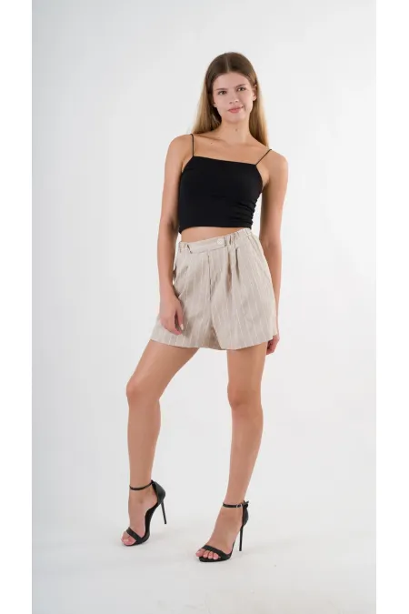 Kadın Bej Çizgili  Beli Lastikli Düğme Detaylı Cepli Şort HZL24S-YY277