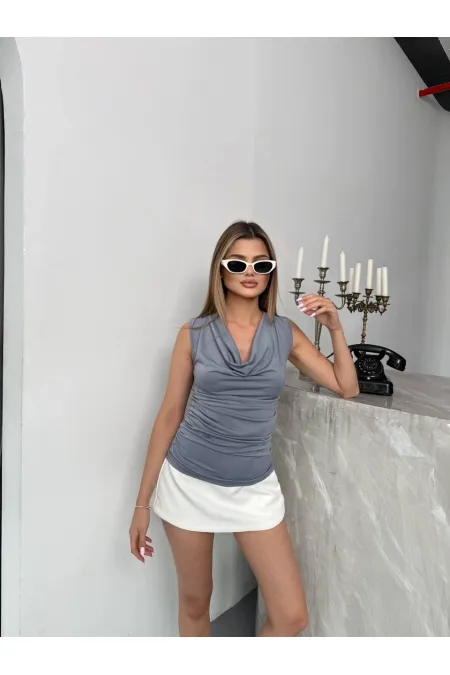 Kadın Gri Degaje Yaka Yanlardan Drapeli Sandy Bluz HZL25S-FRY123131