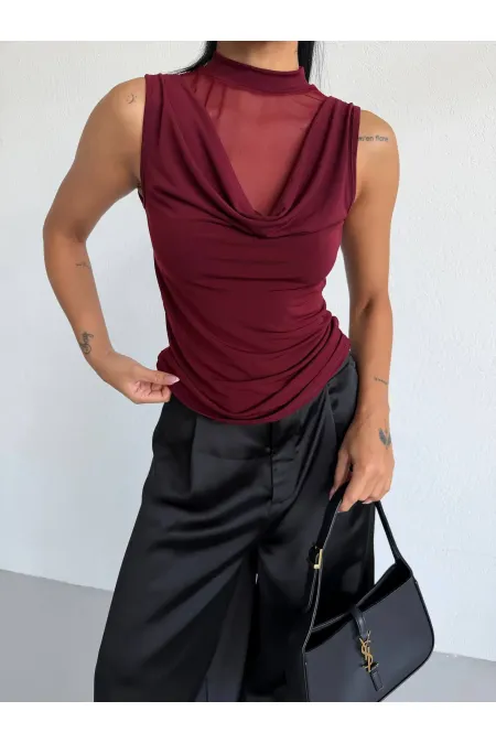 Chemisier bordeaux à col en V et drapé sur le côté pour femme, couleur sable, orné de tulle (HZL26S-FRY123791)