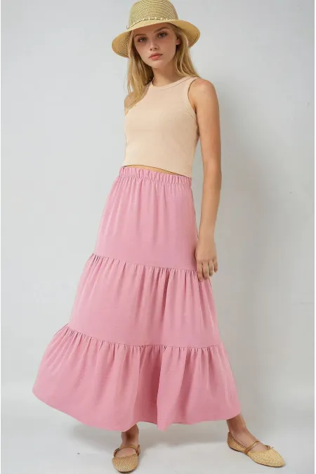 Kadın Pudra Beli Lastikli Ayrobin Uzun Etek HZL25S-BD180481