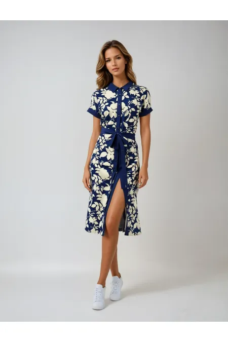 Kadın Lacivert Krem Kuşaklı Çiçek Desenli Düğmeli Yazlık Viskon Elbise HZL24S-BD124551