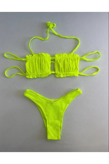 Ensemble bikini froncé sans bretelles vert fluo pour femme HZL25S-LC2226