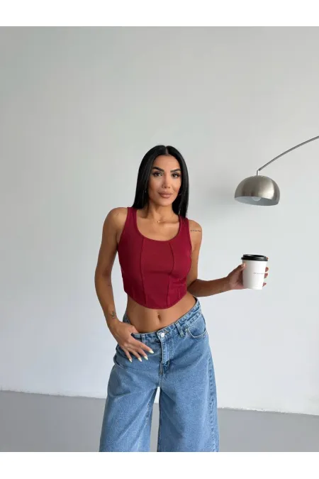 Kadın Bordo Fitilli Kaşkorse Crop Bluz HZL25S-FRY123171