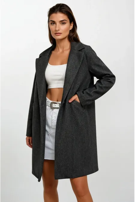 Kadın Antrasit Tek Düğmeli Çift Cepli Astarlı Şık Kaşe Kaban HZL23W-BD190851