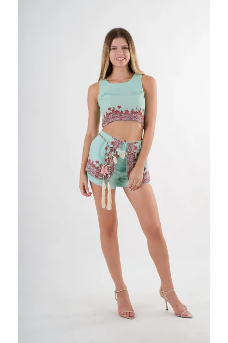 Kadın Su Yeşili Etnik Desenli Beli Kuşaklı Bluz Şort İkili Takım HZL24S-YY261
