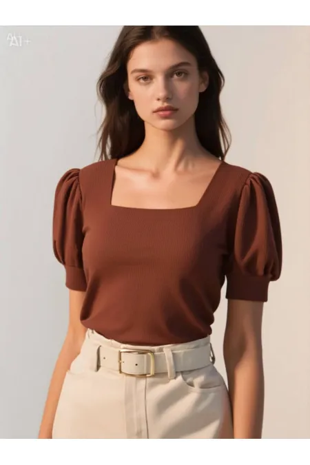 Kadın Kahverengi Kare Yaka Örme Bluz HZL22W-BD104091