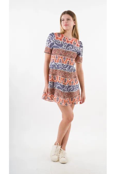 Kadın Lacivert Orange Etnik Desenli Bisiklet Yaka Astarsız Elbise HZL24S-YY238