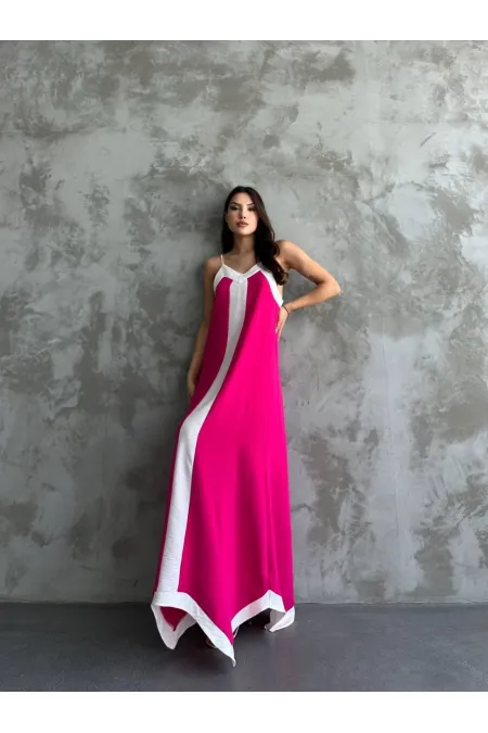 Kadın Pembe Beyaz Detaylı Asimetrik Kesim V Yaka Ayarlanabilir İp Askılı Elbise HZL24S-MJ113041