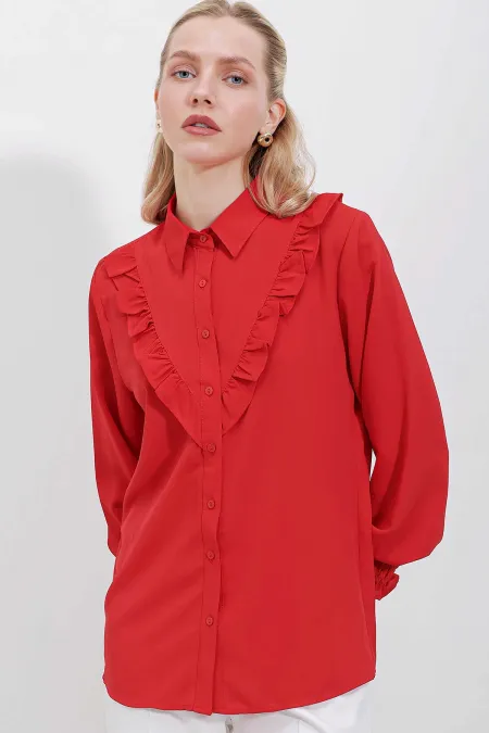 Chemise élégante rouge à manches longues pour femme avec détail à volants HZL25W-BD1202231