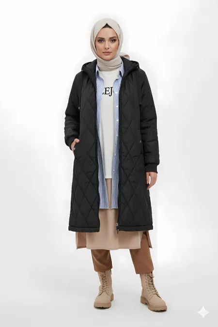 Manteau hijab long matelassé noir pour femme HZL25W-BD151381