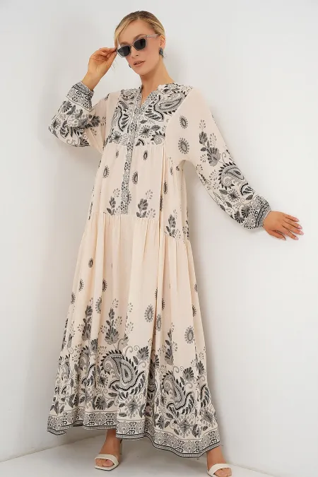 Robe hijab à motifs authentiques 2423 - Noir - Crème