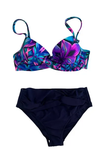 Women's Navy Blue Fuchsia Floral Patterned Lined Plus Size Bikini Set HZL25S-LC24108