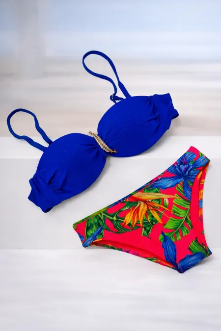 Women's Navy Blue Stone Embellished Buckle Accessory Lined Bikini Set HZL25S-LC208