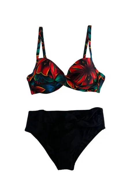 Women's Black Red Floral Patterned Lined Plus Size Bikini Set HZL25S-LC24108