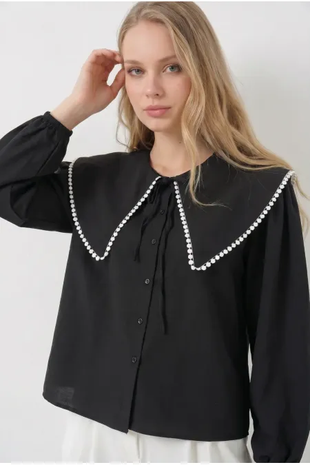 Kadın Siyah Bebe Yaka Düğmeli Şık Günlük Gömlek HZL26S-BD1203141