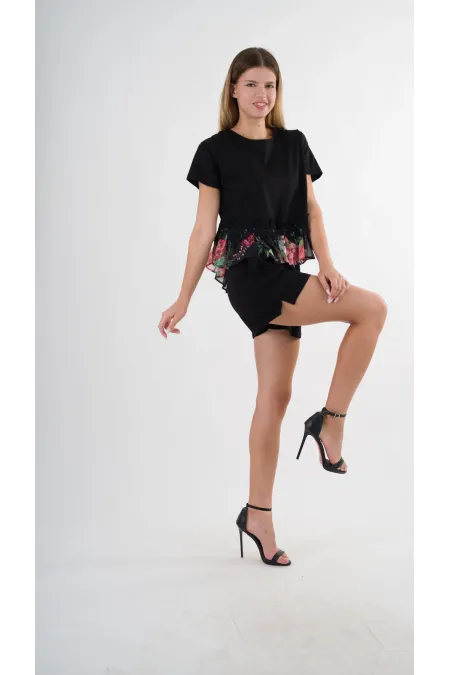 Kadın Siyah Dantel Çiçek Desenli Bisiklet Yaka Bluz HZL24S-YY256