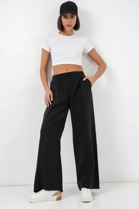 Pantalon large pour femme avec taille élastique 30087 - Noir