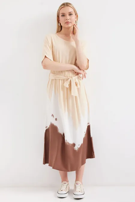 2504 Desenli Kısa Kol Viskon Elbise - Krem