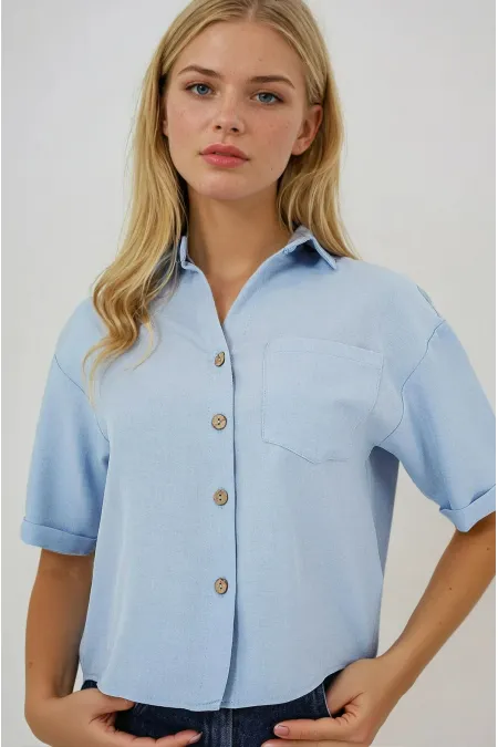 Kadın Mavi Keten Görünümlü Crop Gömlek HZL25S-BD1203391