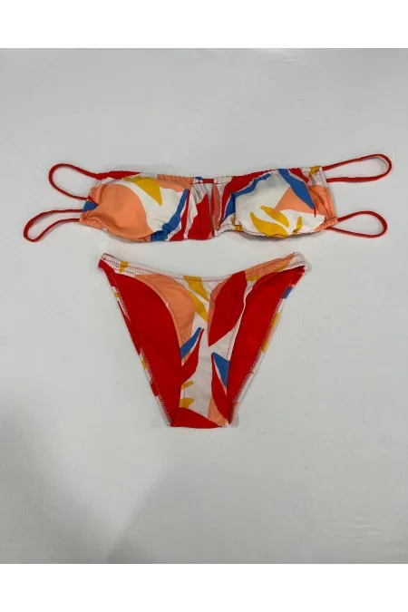 Women's Multicolored Tropical Patterned Lined Strapless Bikini Set HZL25S-AR1666