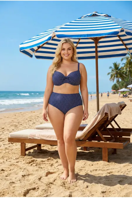 Ensemble bikini gainant doublé taille haute à pois bleu marine pour femme HZL26S-LC2217