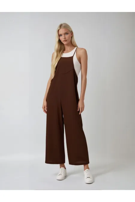 Kadın Çikolata Ayarlanabilir Askılı Cepli Bol Paça Bahçıvan Tulum HZL22S-BD170191