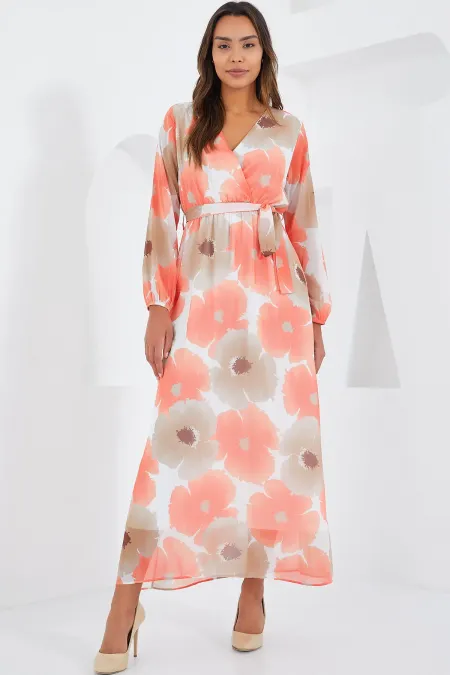 Robe en mousseline de soie orange et beige à fleurs pour femme 2134