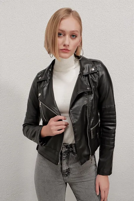 Veste motard courte noire doublée en similicuir pour femme HZL22W-BD110251