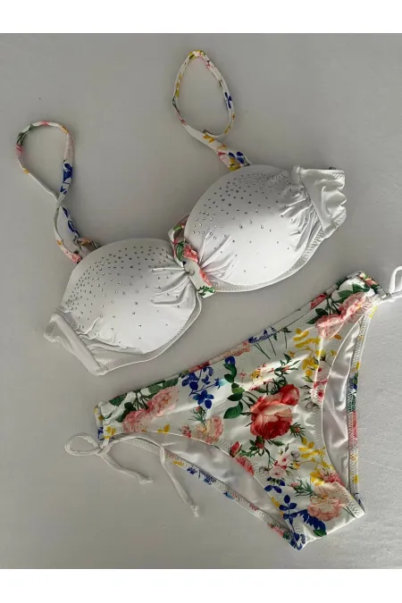 Women's White Stone Embroidered Lined Bikini Set HZL25S-LC208