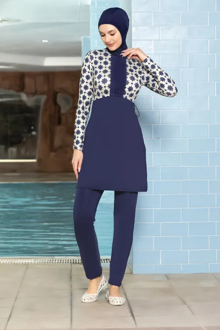 Kadın Tesettür Lacivert Krem Desenli Uzun Kollu  Tam Kapalı Pantolonlu Elbise Mayo HZL24S-AR1271-180