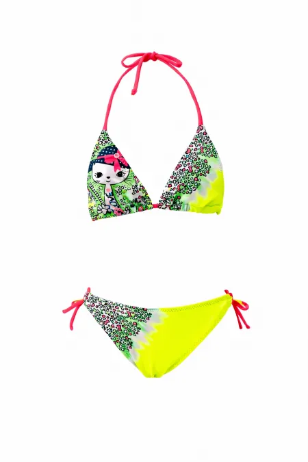 Ensemble bikini triangle à motif chaton jaune fluo pour filles (4-14 ans) HZL26S-LC2886
