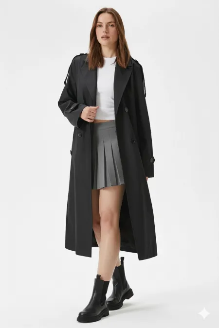 Trench-coat croisé noir doublé et ceinturé pour femme, modèle saisonnier HZL25W-BD159411