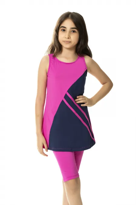 Maillot de bain fille fuchsia bleu marine, détail, sans manches, collants, 6-13 ans, HZL24S-AR1142